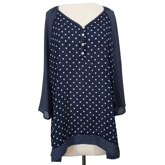 Style & Co Tunic Top Shirt Sheer Retro Polka Dot Womens Size XL Blue White - Picture 1 of 11